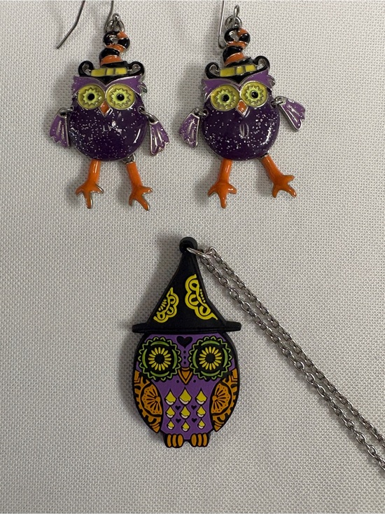 Jewelry - Purple & Orange Owl Halloween Earrings and Necklace Day of the dead